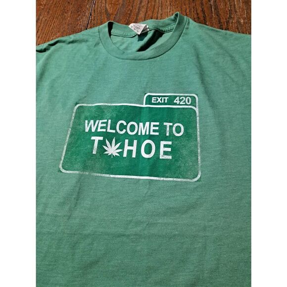 New Exit 420 Welcome to Tahoe Weed Tee Unisex M Green White USA Novelty Shirt - Picture 1 of 3